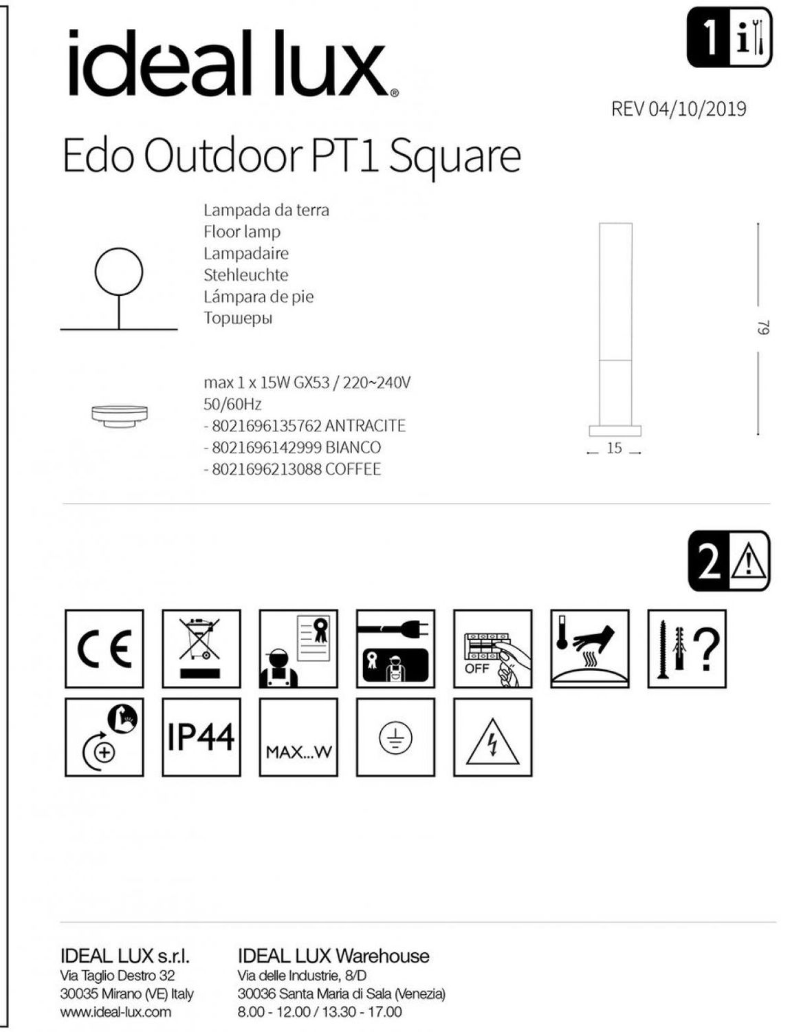 Світильник парковий Edo Outdoor PT1 Antracite Square Ideal Lux 135762, Білий, Сірий